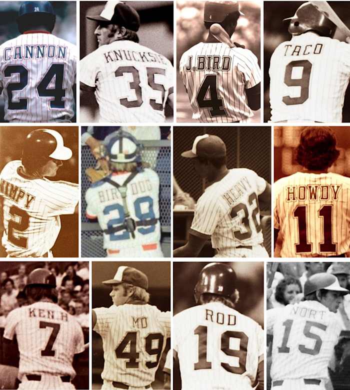 The 1976 Braves and their nickNOBs. Top row, right to left: Jimmy Wynn, "Cannon"; Phil Niekro, "Knucksie"; Jerry Royster, "J.Bird"; Marty Perez, "Taco." Middle row, right to left: Tom Paciorek, "Wimpy"; Vic Correll, "Bird Dog"; Earl Williams, "Heavy"; Darrell Evans, "Howdy." Bottom row, left to right: Ken Henderson, "Ken H"; Carl Morton, "Mo"; Rod Gilbreath, "Rod"; Darrel Chaney, "Nort"